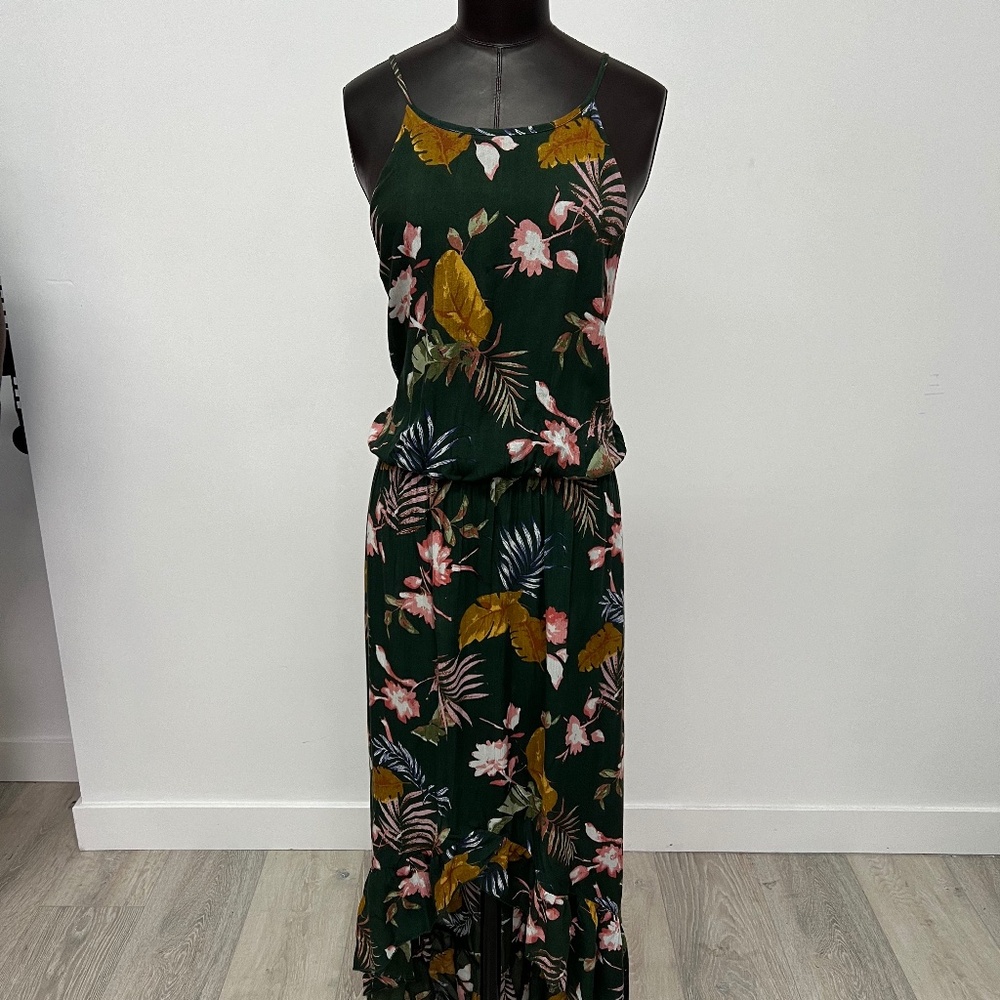 Tropical Floral Maxi Dress | Green Spaghetti Strap Ruffle Hem